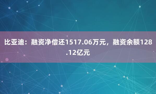 比亚迪：融资净偿还1517.06万元，融资余额128.12亿元