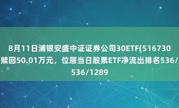 8月11日浦银安盛中证证券公司30ETF(516730)遭净赎回50.01万元，位居当日股票ETF净流出排名536/1289